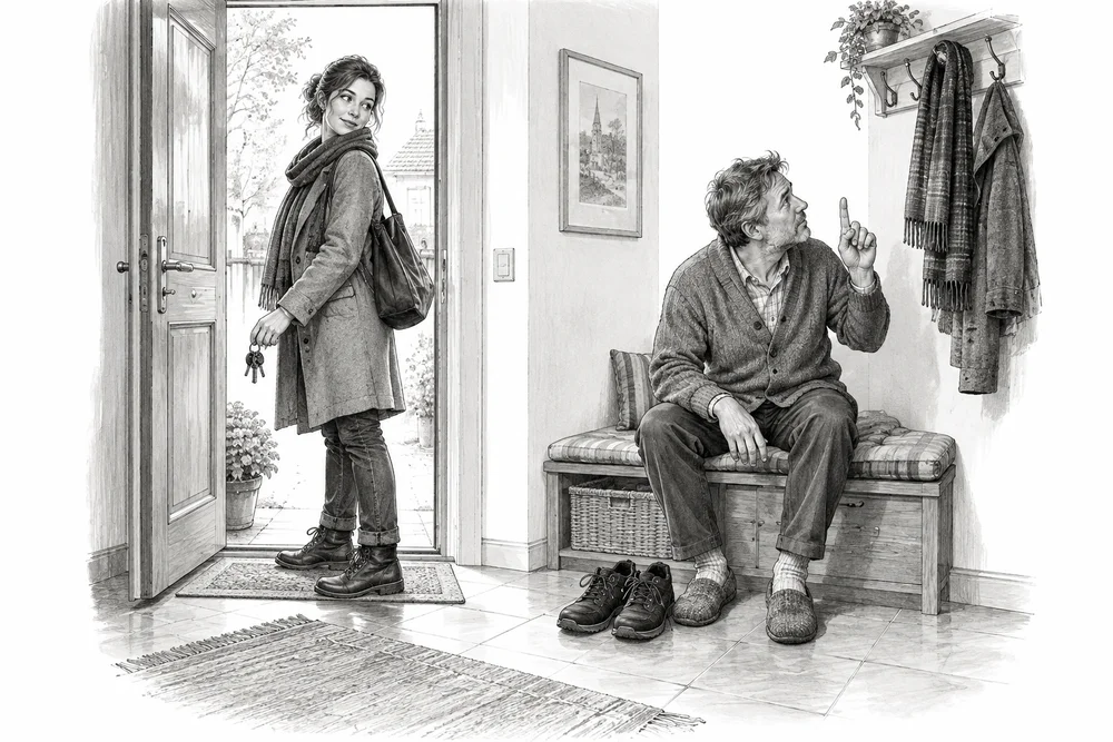 Originalillustration aus dem Buch: Eine Frau wartet mit den Schlüsseln an der Tür, während ein Mann in Hausschuhen noch einen Einwand vorbringt.