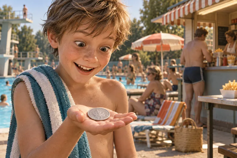 Ein Kind betrachtet im Freibad eine große silberne Münze in seiner Hand; symbolische Szene zum Heiermann.