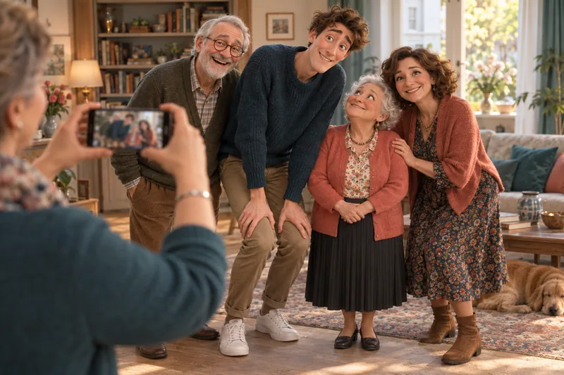 Ein sehr großer junger Mann beugt sich beim Familienfoto zu seiner kleinen Tante herunter.