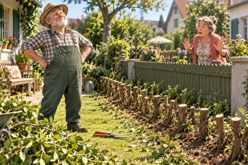 Ein stolzer Gärtner steht vor den letzten Stümpfen seiner Hecke, während seine Nachbarin ungläubig schaut.