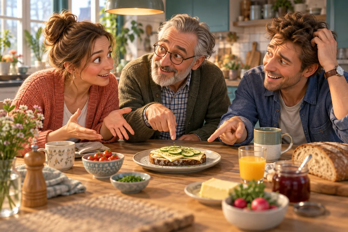 Drei Menschen zeigen beim Frühstück auf dasselbe belegte Brot und diskutieren vergnügt.
